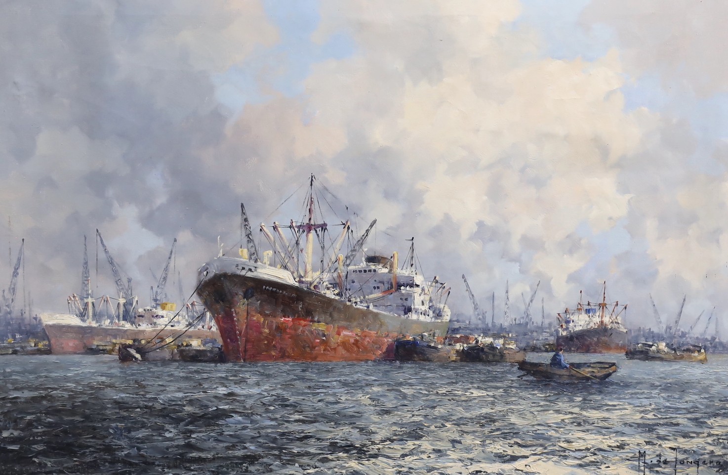 Marinus Johannes de Jongere (Dutch, 1912-1978), oil on canvas, Shipping in Rotterdam harbour, 60 x 90cm